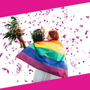 Image of two women getting married, with an LGBTQIA+ flag draped over their shoulders.