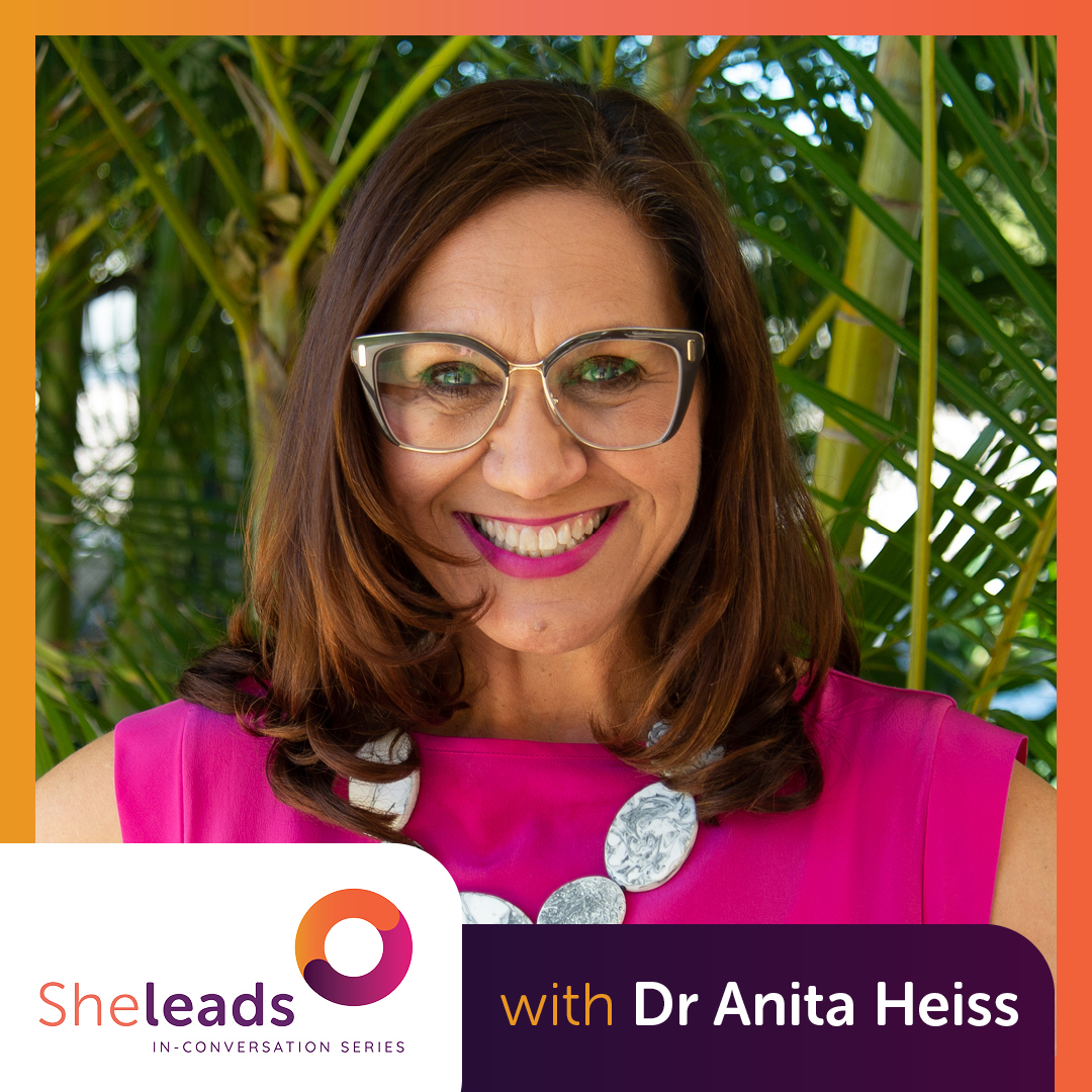 Headshot of Dr Anita Heiss, with her name and the She Leads -Conversation Series logo at the bottom of the tile